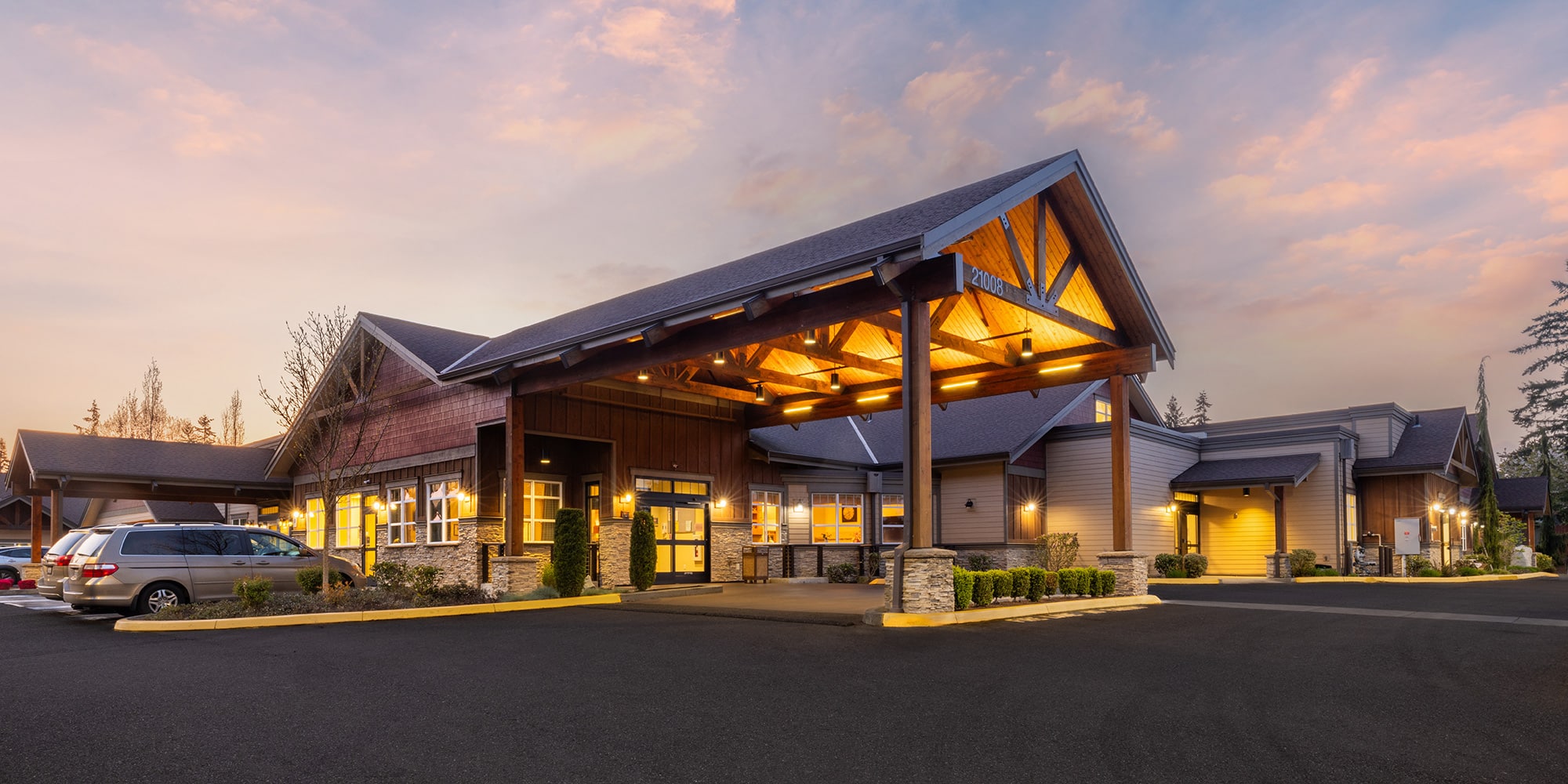 The front entrance to Pine Ridge at dusk